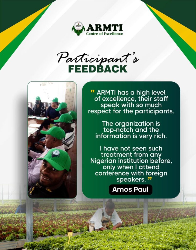 May be an image of 6 people and text that says 'ARMTI Centre of Excellence Participant FEEDBACK ARMTI has a high level of excellence, their staff speak with so much respect for the participants The organization is top-notch and the information is very rich. ー have not seen such treatment from any Nigerian institution before, only when attend conference with foreign speakers. Amos Paul'